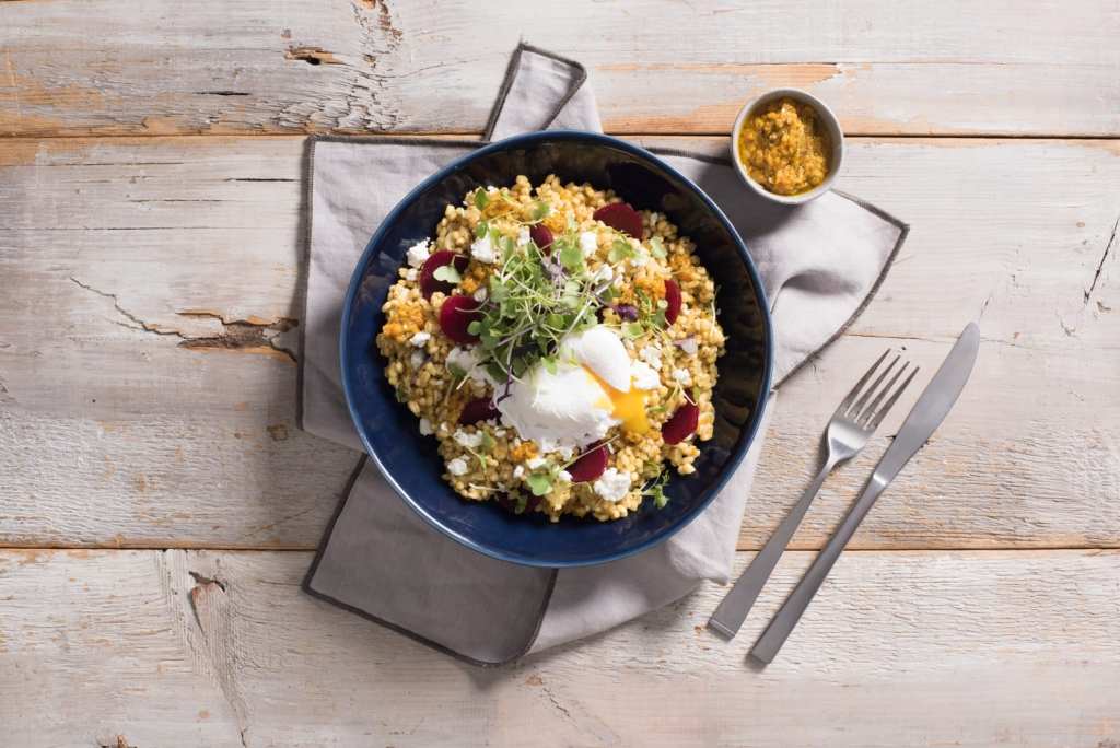 Barley Risotto with Aji Pesto and Poached Eggs