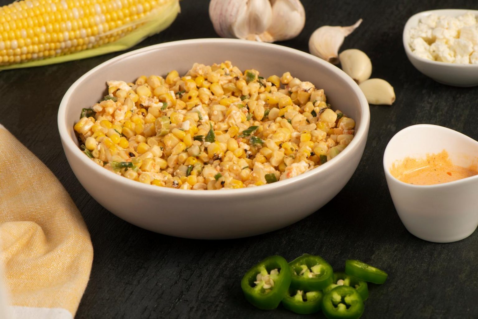 Roasted Corn And Feta Salad With Creamy Red Pepper Greek Yogurt Sauce