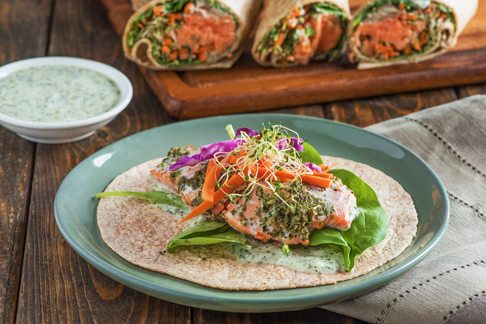 Roasted Salmon and Spinach Wraps