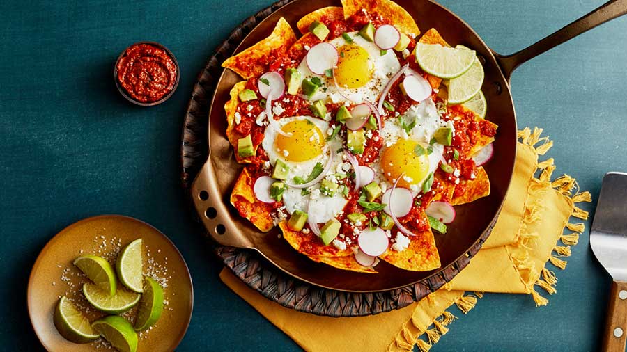 Mexican Ancho Chilaquiles with Fried Eggs